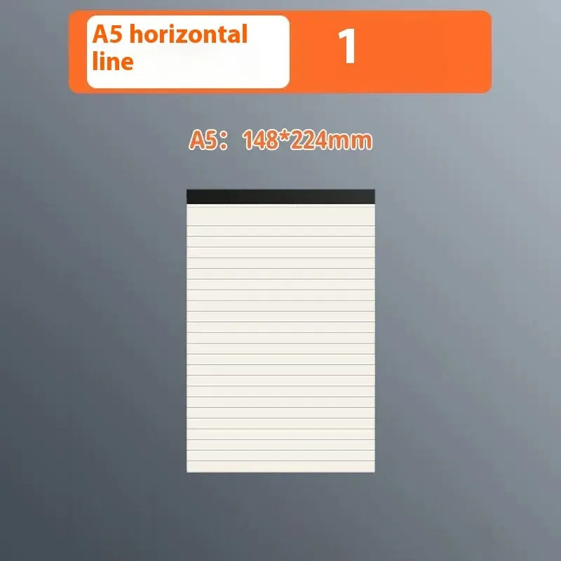 A5, B5, and A4 writing pads with tearable sheets in line, grid, and blank page styles.