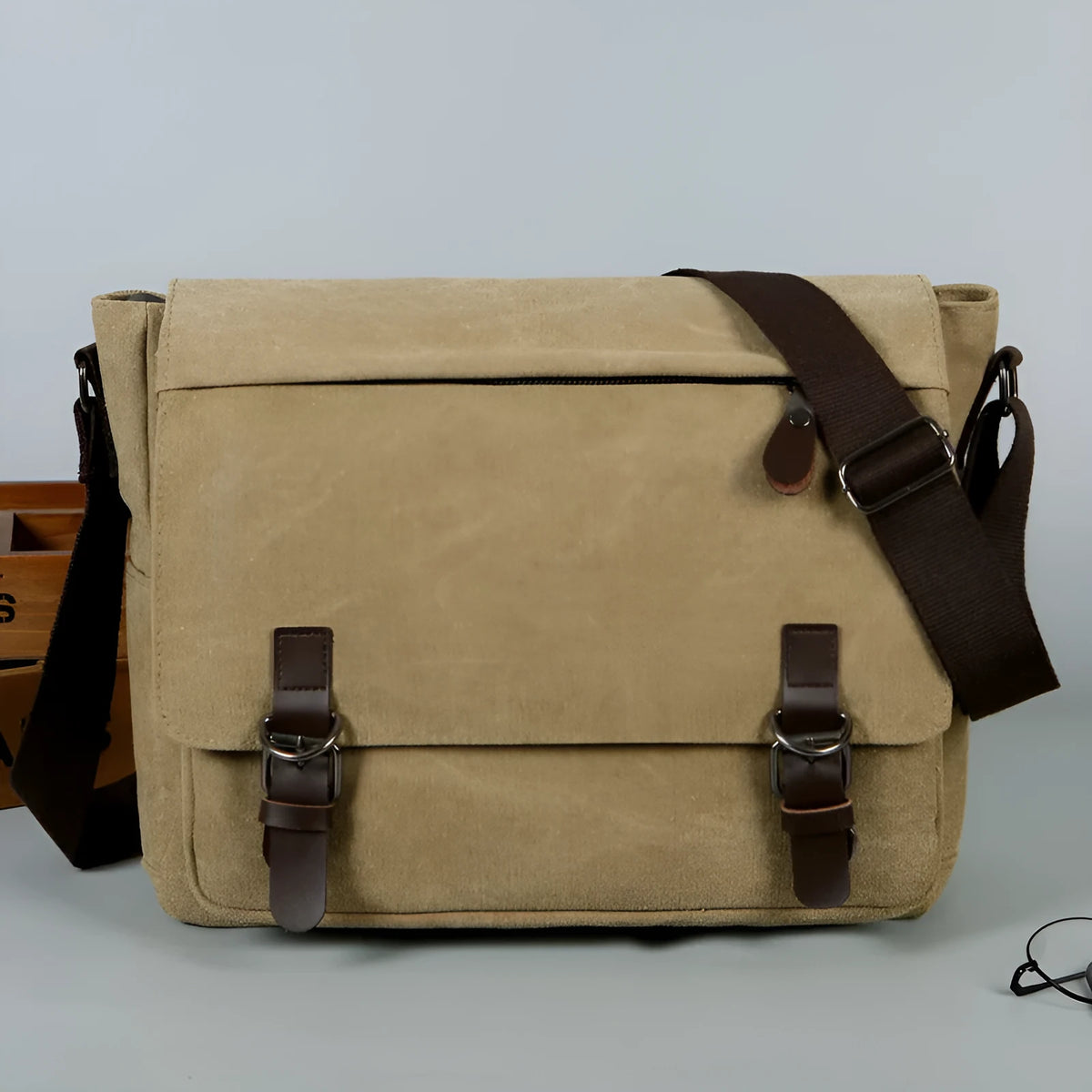 High density canvas retro travel bag in solid khaki colour with visible sewing thread detailing