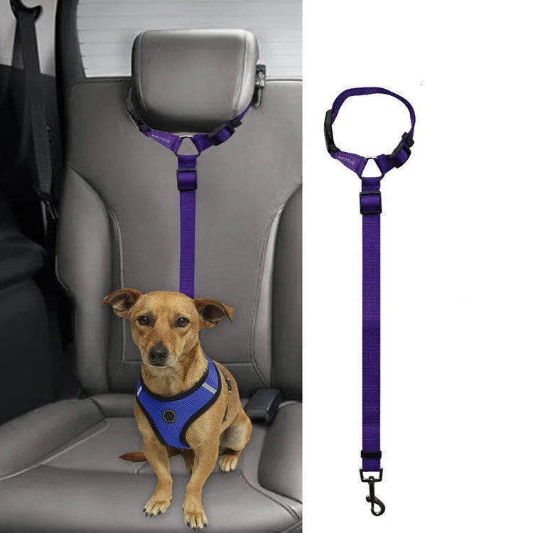 Car backseat pet leash for dogs made from polyester in nine colour options attached to a vehicle seatbelt