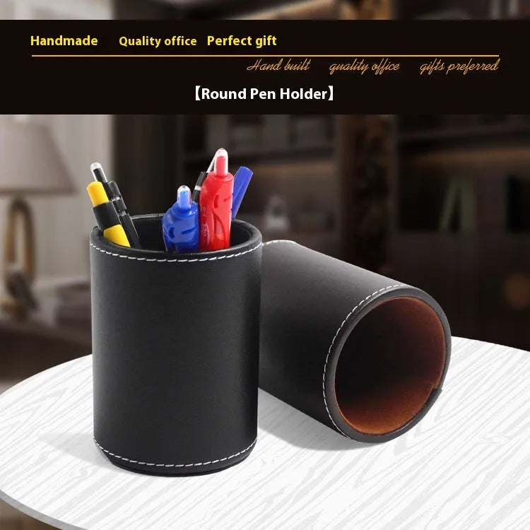 Small black leather round pen holder with 8cm diameter and 10.8cm height dimensions