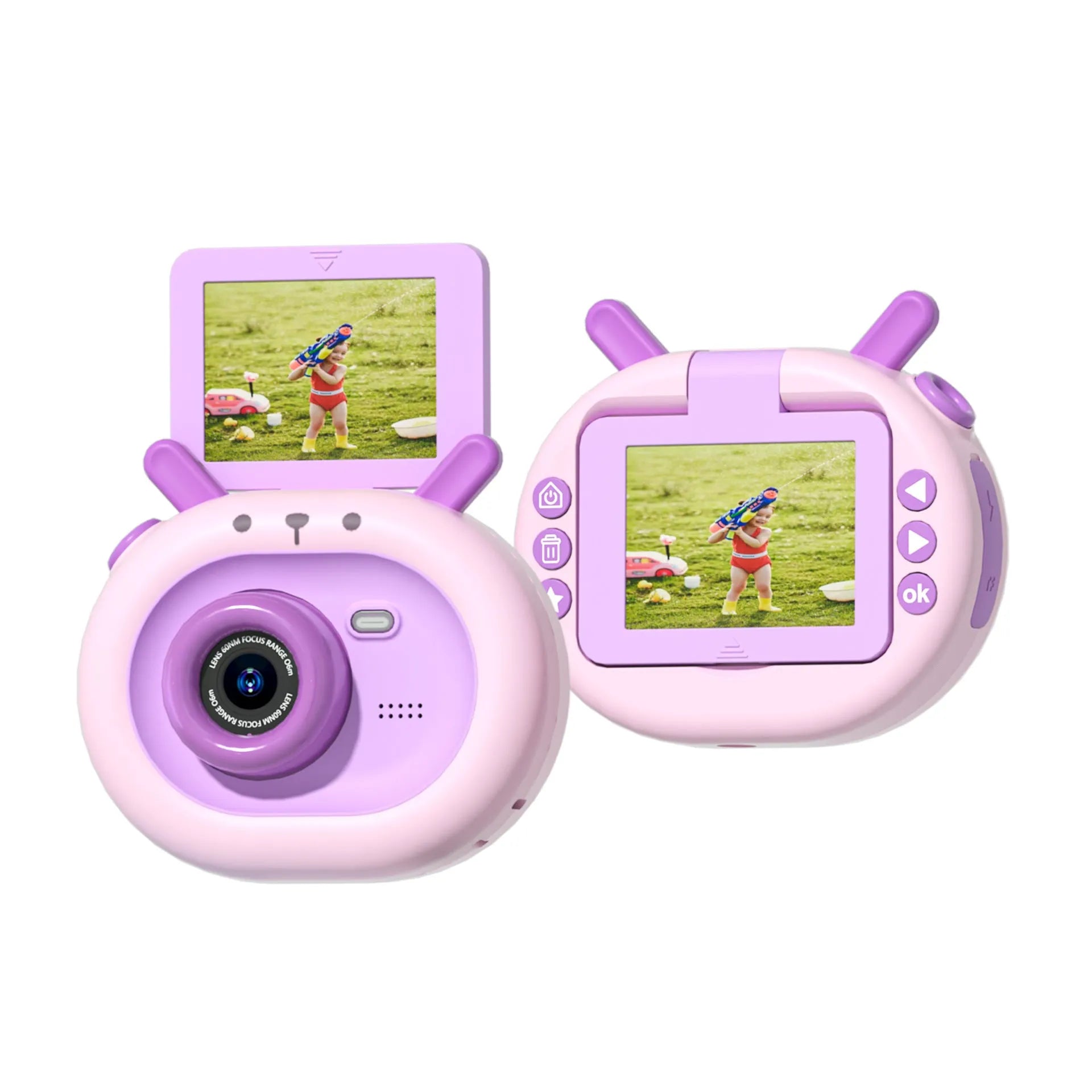 Purple and dark green children's digital camera with flip screen and silicone case.