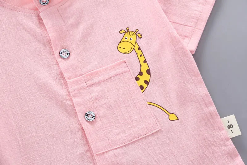 Baby boy cotton short sleeve shirt and shorts set with giraffe cartoon print in white, black, pink for 80-110cm children