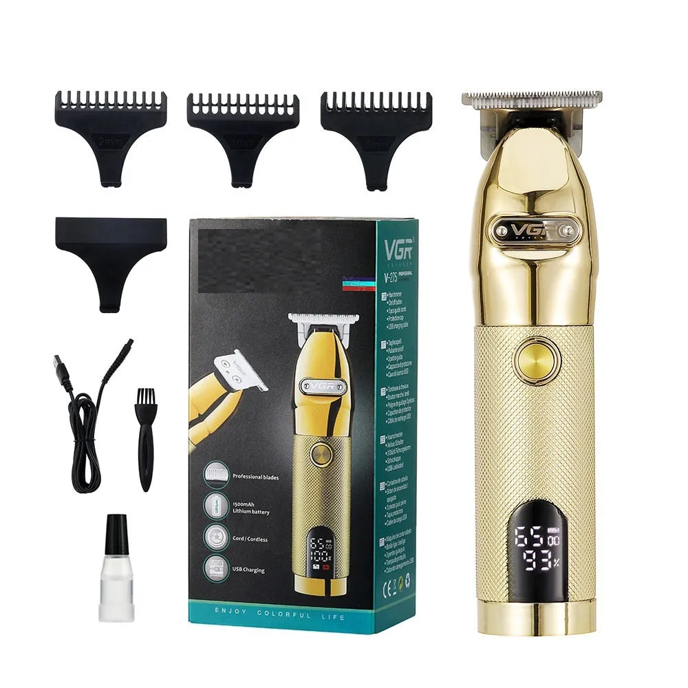 V-275 Gold rechargeable hair clipper with LCD display, washable blade, USB cable, and 1/2/3mm limit combs