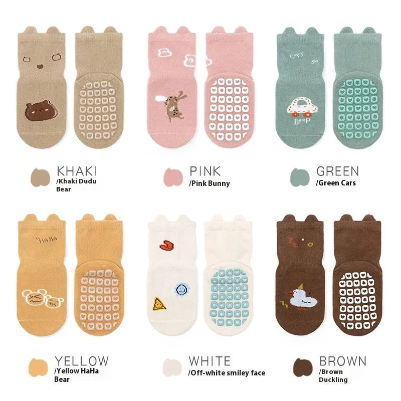 Cotton short tube socks in beige smiley face design for children - free size trampoline socks