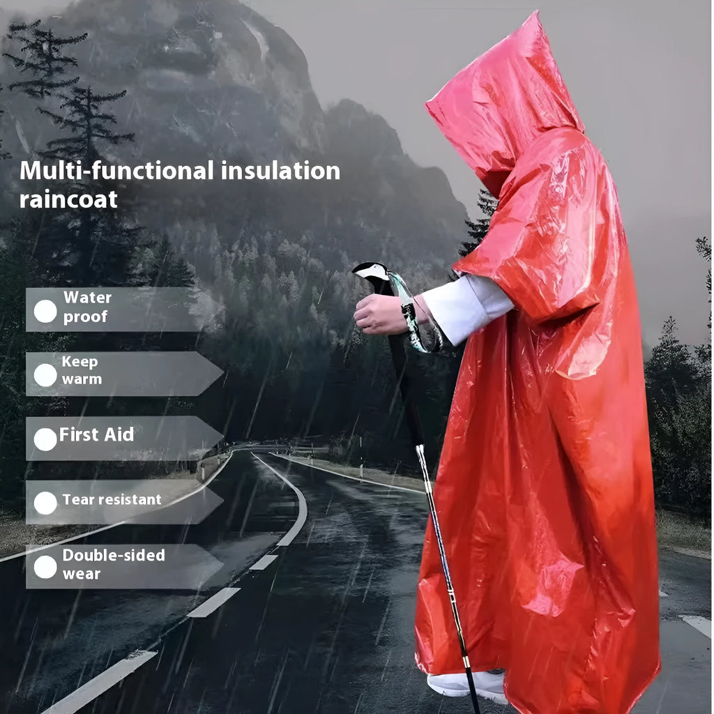Orange Marathon Wild multifunctional raincoat laid flat, showing its one-size 100x130cm dimensions.