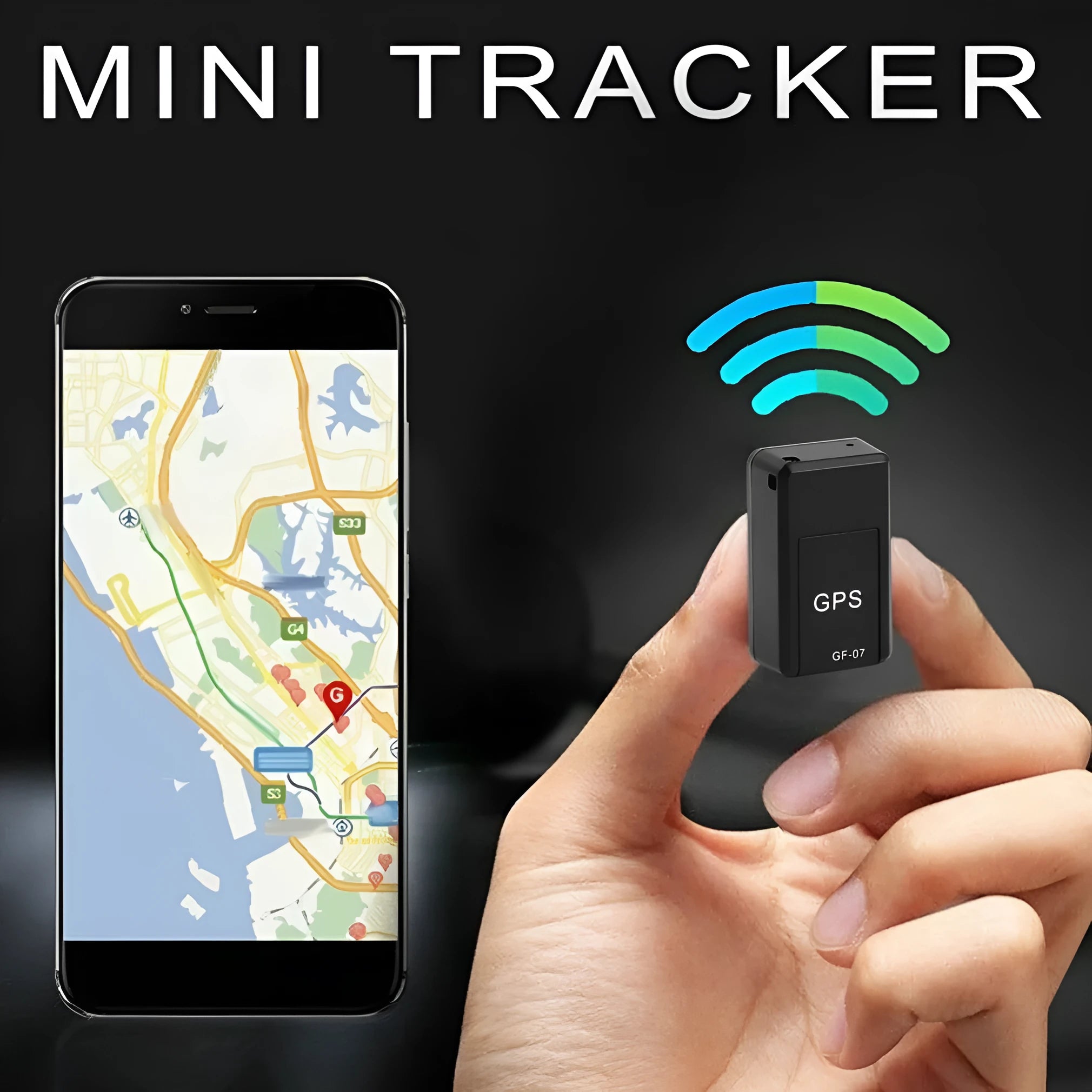 Small black magnetic GPS tracker device next to a USB charging cable on a table.