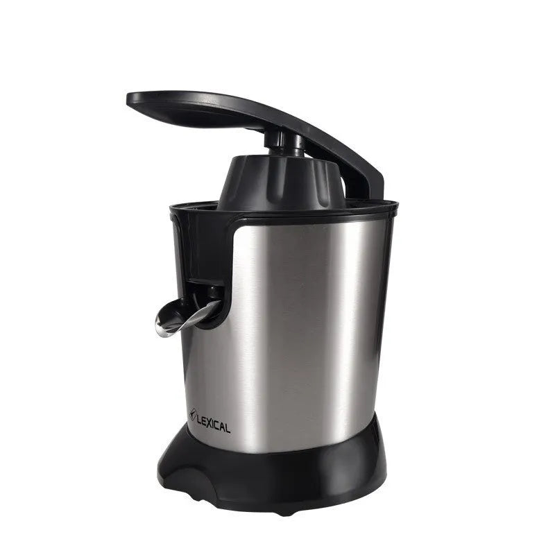 Stainless steel manual citrus juicer with vertical screw rod for lemon and orange juice separation.