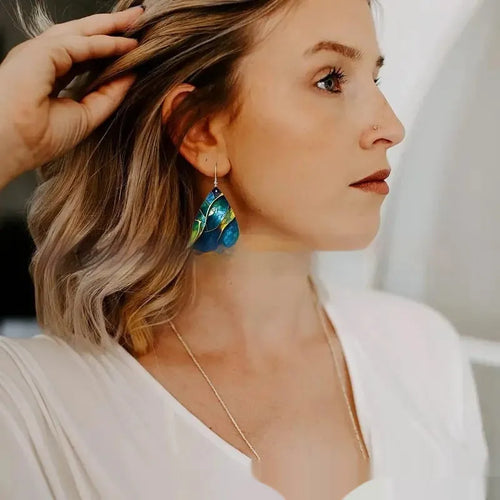 Acrylic drop earrings with geometric branch knot design and printed pattern details