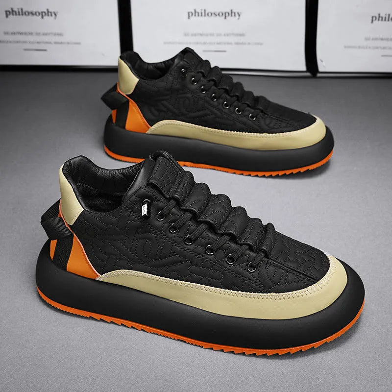 Men's leather sports casual board shoes in black and orange, synthetic PU upper, thick round toe with elastic band