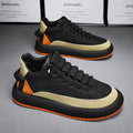 Men's leather sports casual board shoes in black and orange, synthetic PU upper, thick round toe with elastic band