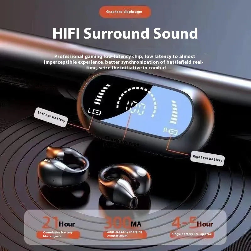 Ear clip bone conduction headphone Bluetooth 5.2 with 15mm speaker and 36h battery in black