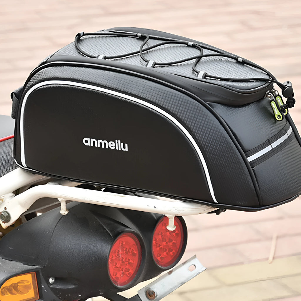 Waterproof black bicycle back rack bag mounted on bike with 8L capacity dimensions