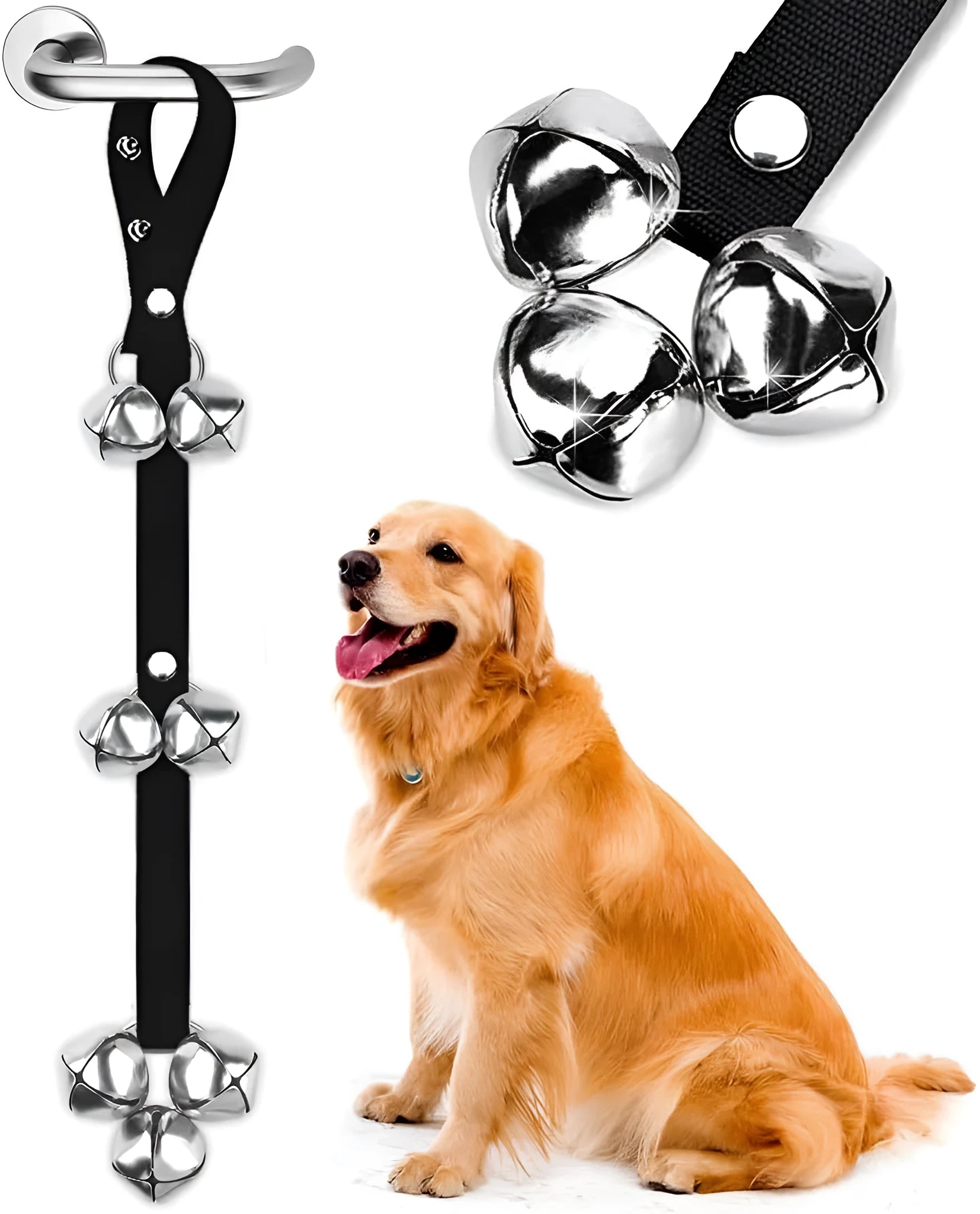 Dog training doorbell with seven silver metal bells on adjustable nylon strap