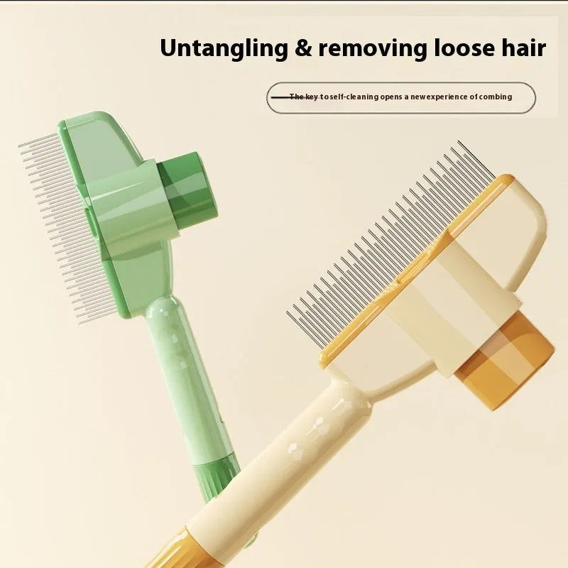 Yellow self-cleaning pet comb with stainless steel teeth and release button