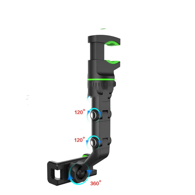 Green multifunctional car holder mounted on rear view mirror holding a smartphone