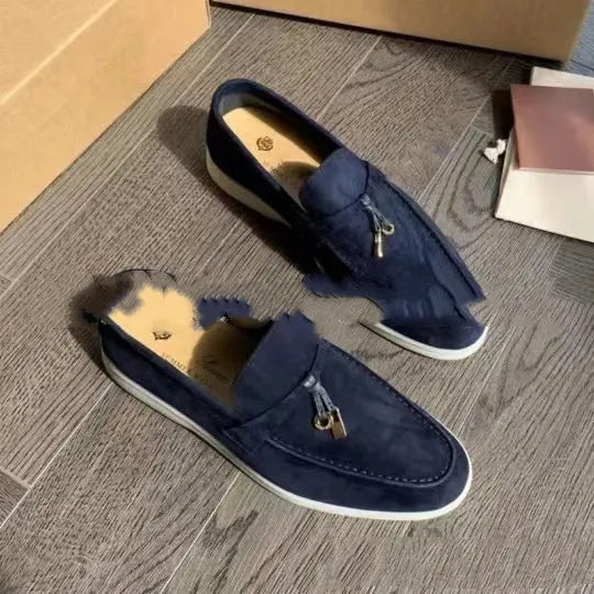European style gommino slip-on loafers with round toe, high-top design, and decorative sewing lines