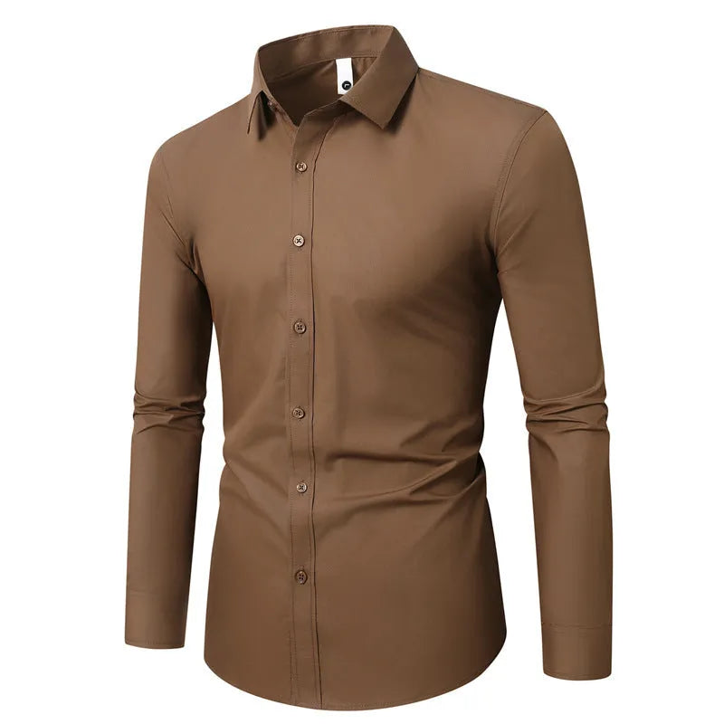 Men's loose-fit linen long-sleeve button-up shirt in a slim casual style on a hanger.
