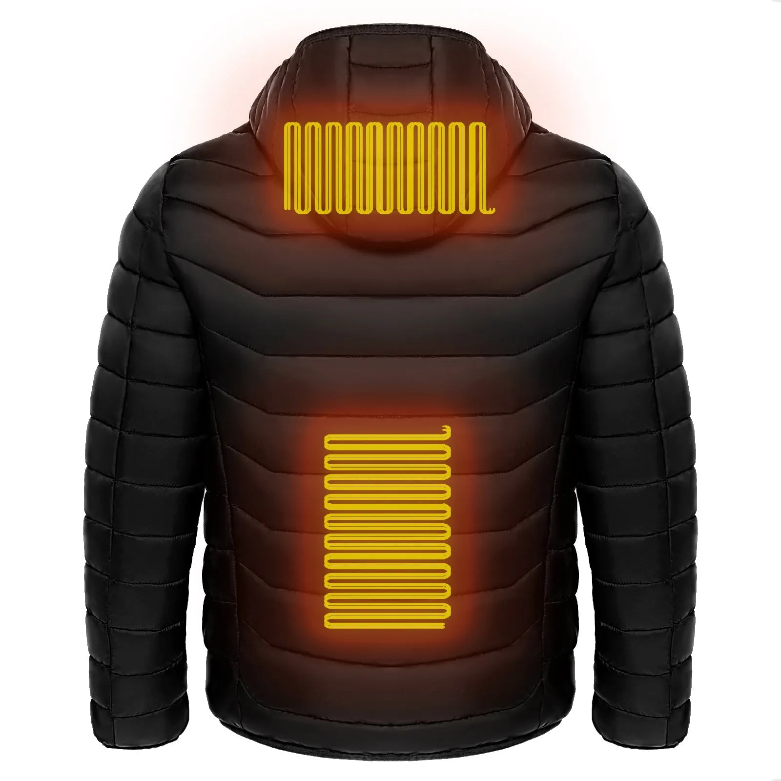 Men heated puffer jacket with 9 heat zones, hood, and long sleeves on a winter ski slope