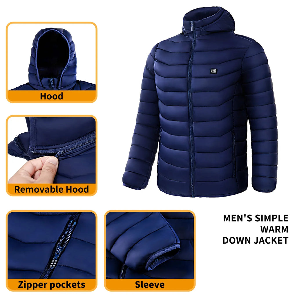 Men heated puffer jacket with 9 heat zones, hood, and long sleeves on a winter ski slope