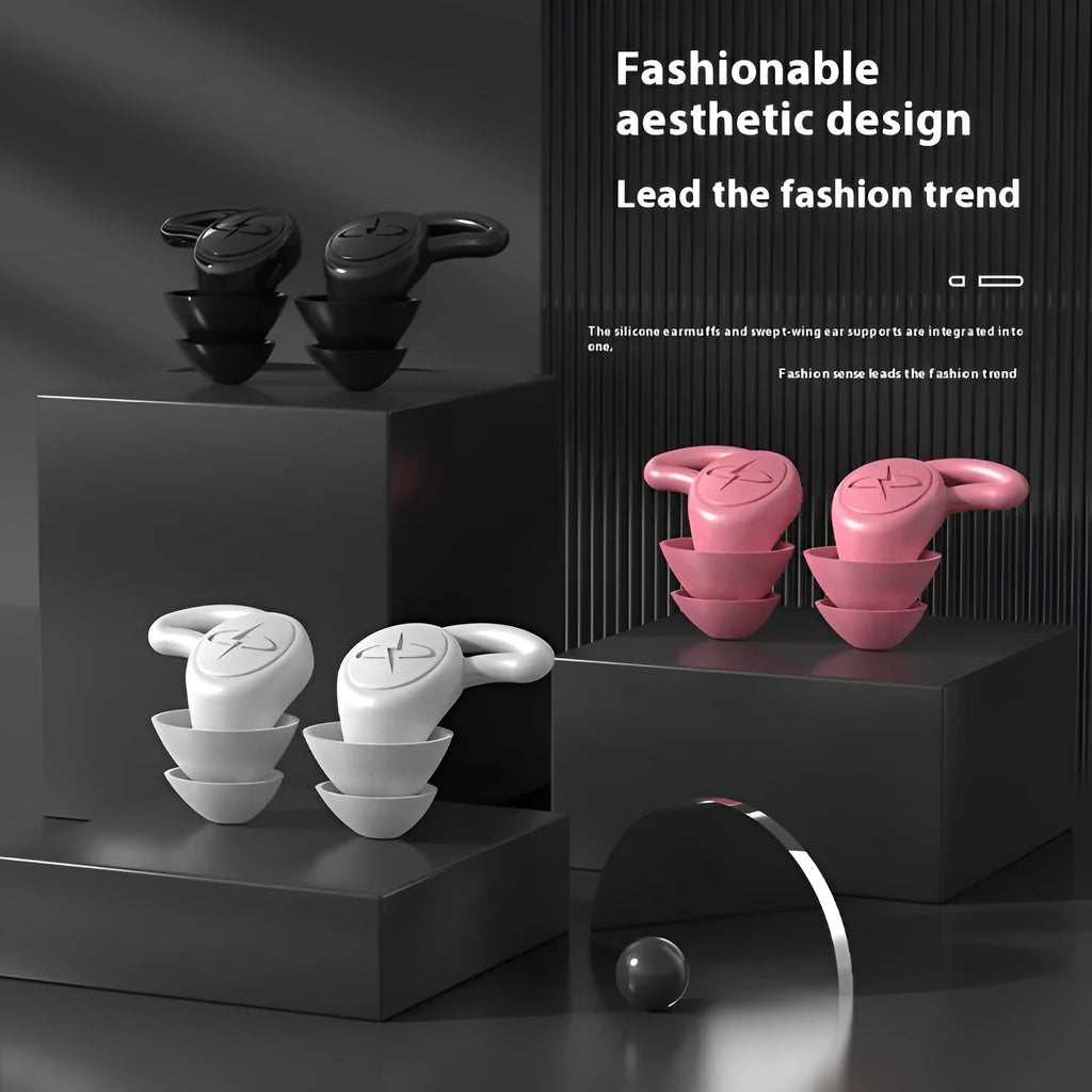 Pair of silicone noise reduction earplugs in black, pink, and white, 2x3cm, from Sky series