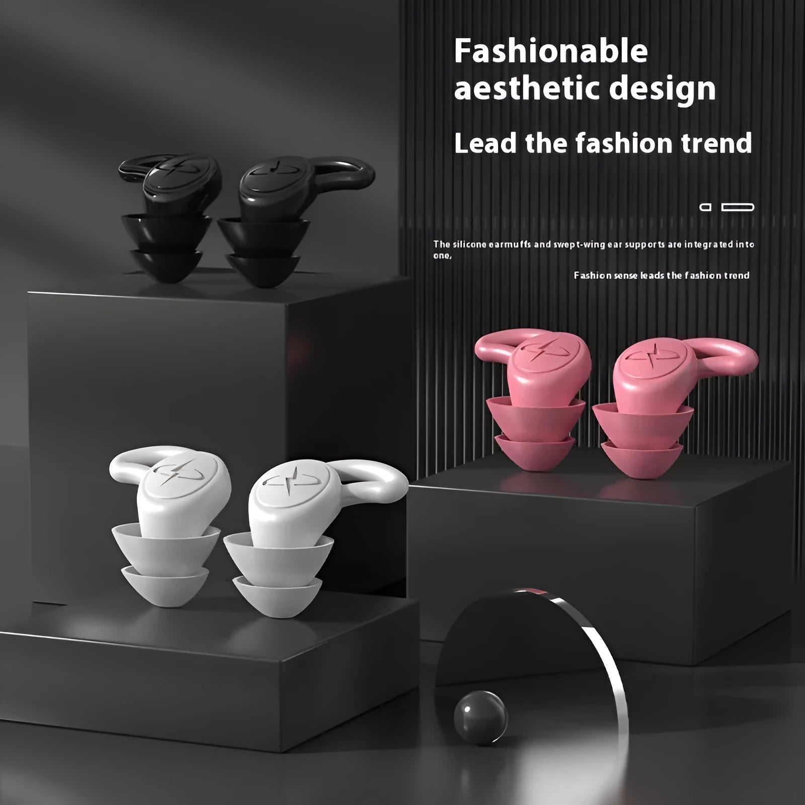 Pair of silicone noise reduction earplugs in black, pink, and white, 2x3cm, from Sky series