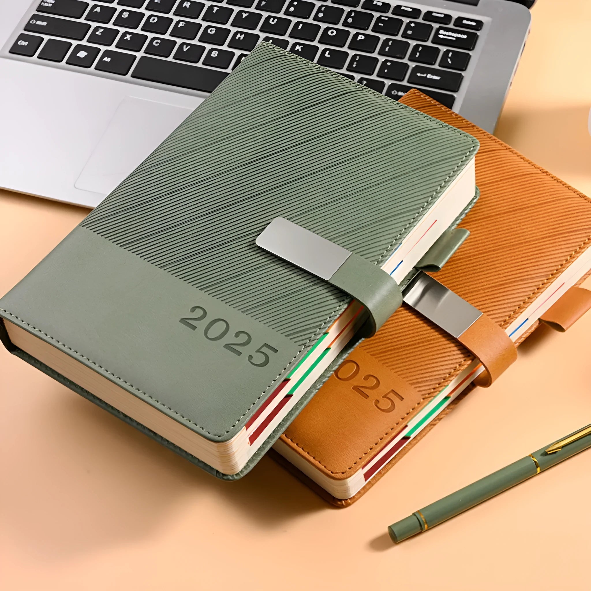 A5 business notepad with striped PU leather cover showing 204 sheets of thick paper