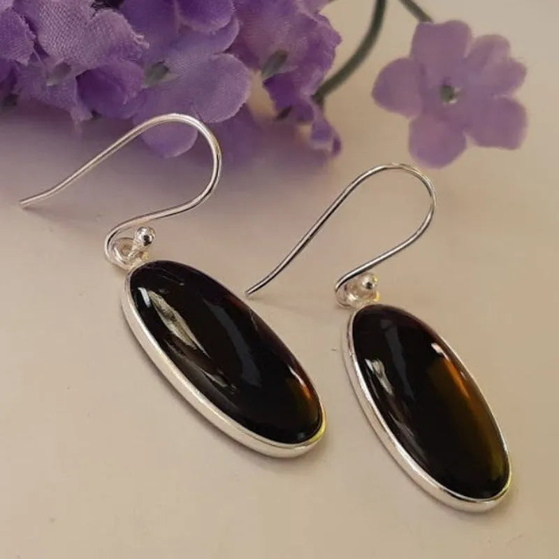 Women's 925 silver earrings with oval black agate pendants and geometric Chinese styling