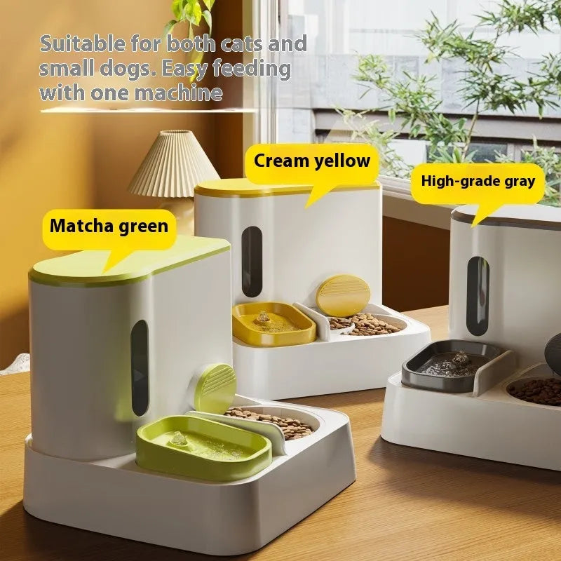 Automatic cat feeder with integrated water dispenser showing dual bowl design for food and water