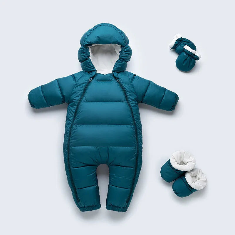 Baby down jacket thickened jumpsuit in solid colour with attached hood, suitable for 66-100cm height