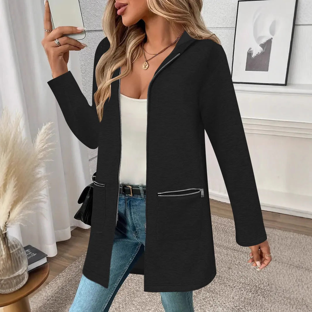 Women's loose fit mid-length cardigan coat in casual polyester fabric with pockets