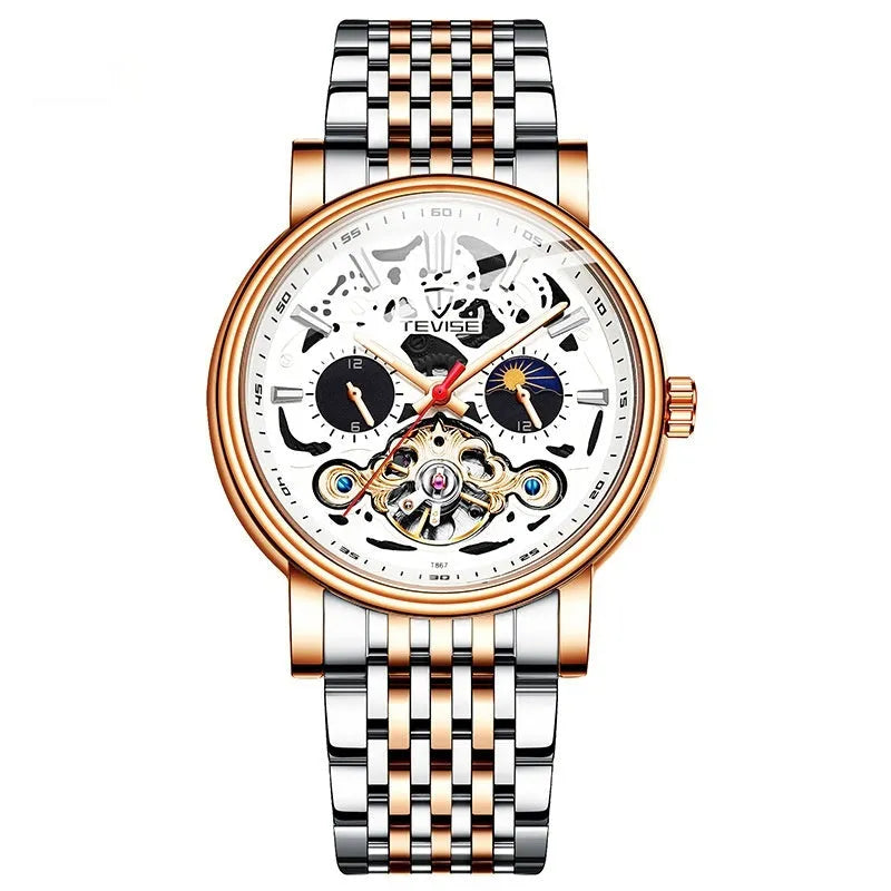 Men's casual luminous waterproof mechanical watch with visible tourbillon movement on wrist.