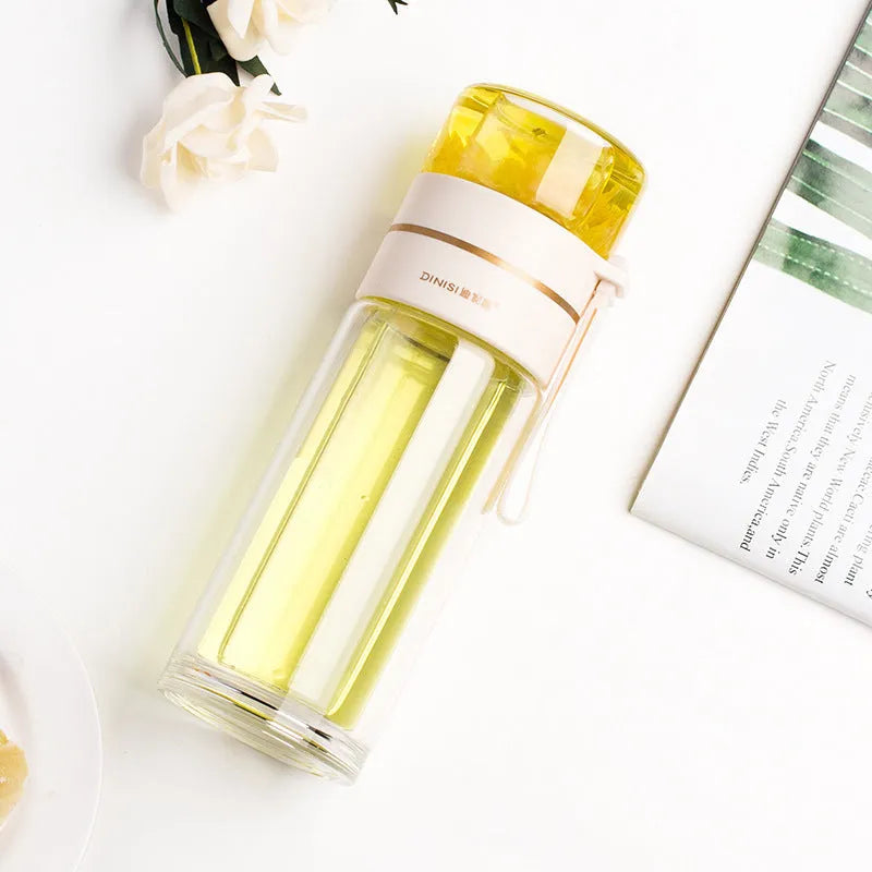 Glass water bottle with tea infuser filter showing double wall construction and portable rope