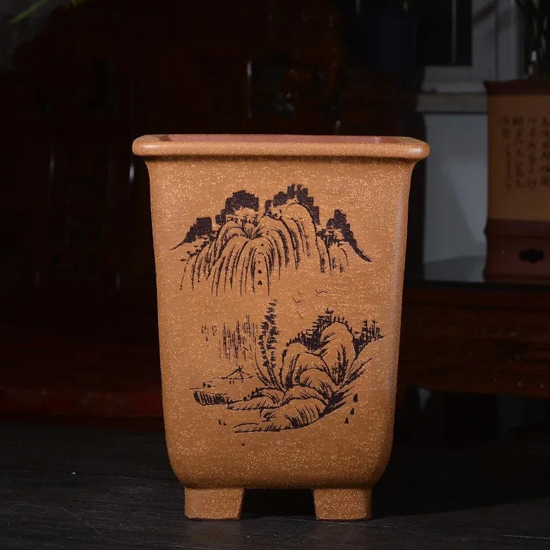 Square purple sand ceramic flower pot with hand-carved detailing for clivia and orchids