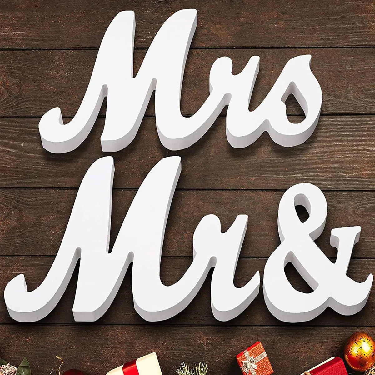 White wooden MR & MRS decoration on density plate with European style for shelf display