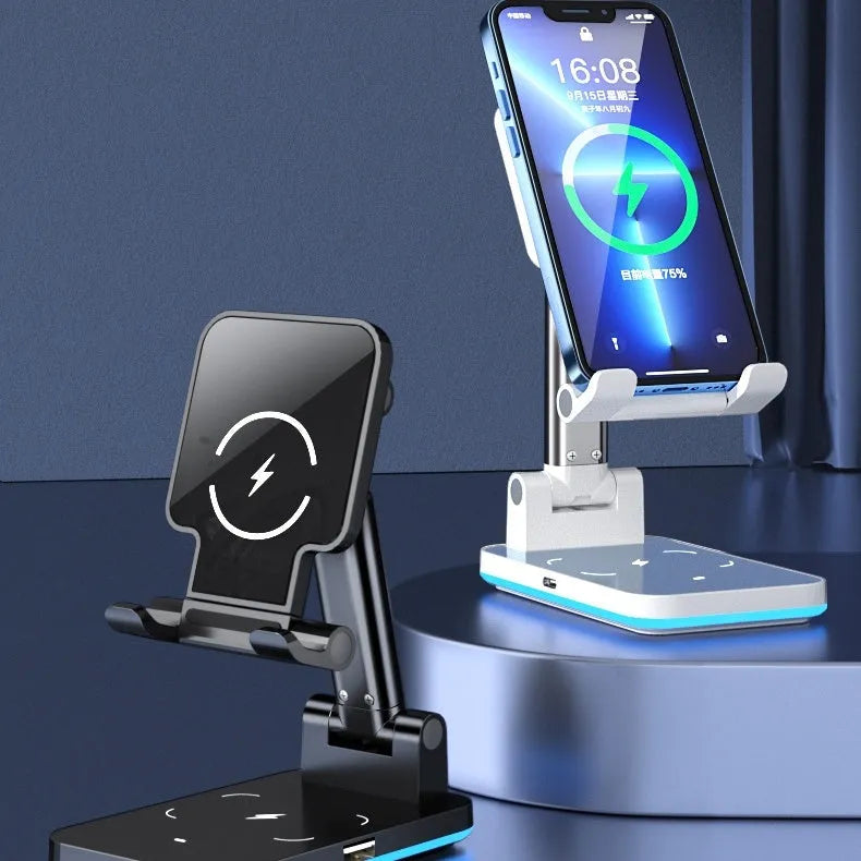 Black and white desktop phone stand with wireless charging on a wooden desk.