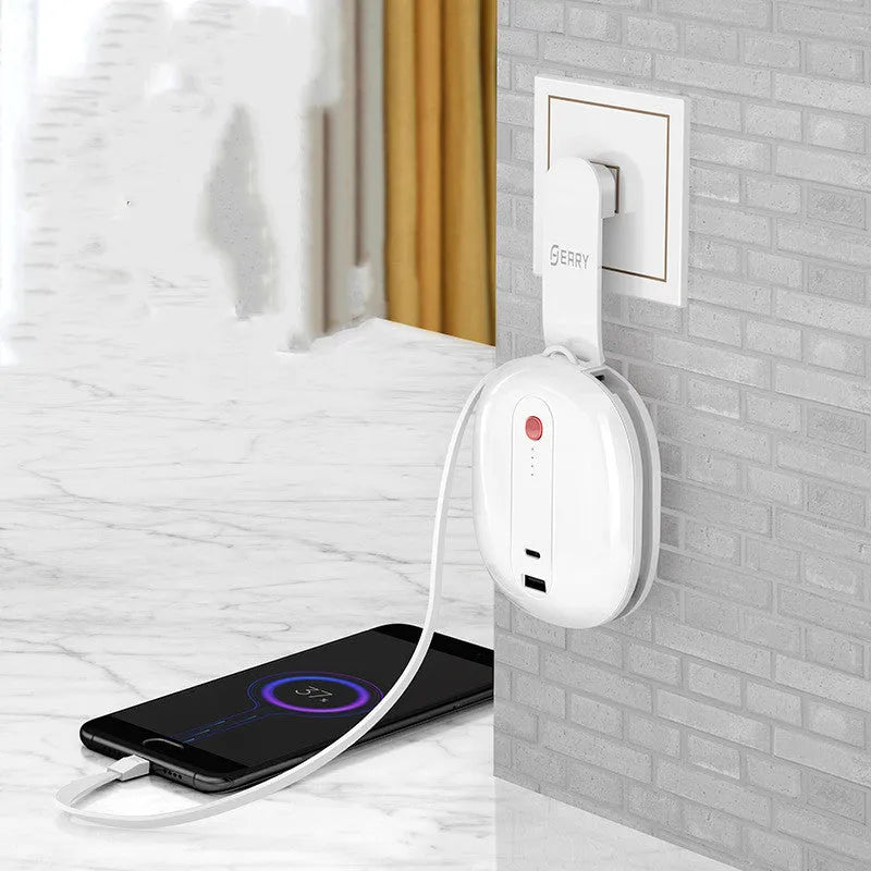 Two-in-one 10000mAh power bank with integrated plug in black and white colour options