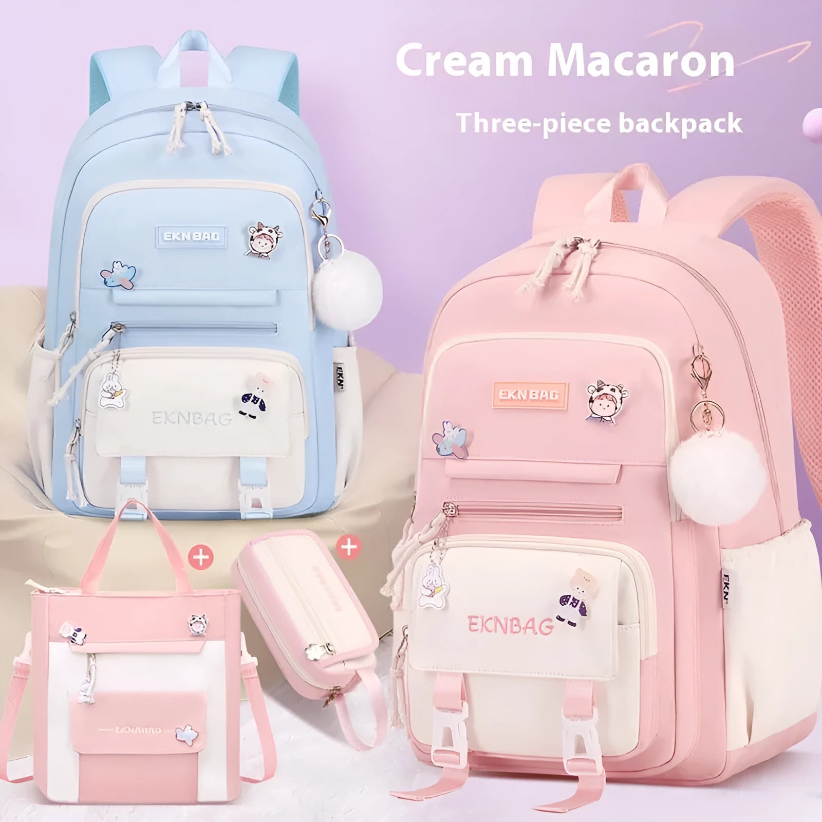 A girls' school backpack in Oxford cloth, featuring curved shoulder straps, shown in a choice of colours including pink, blue, and black.