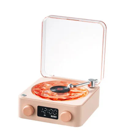 Retro turntable Bluetooth speaker with rotating transparent disc and RGB lighting effects