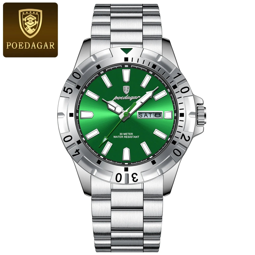 Swiss men's waterproof luminous watch with metal case and steel belt in multiple colour options