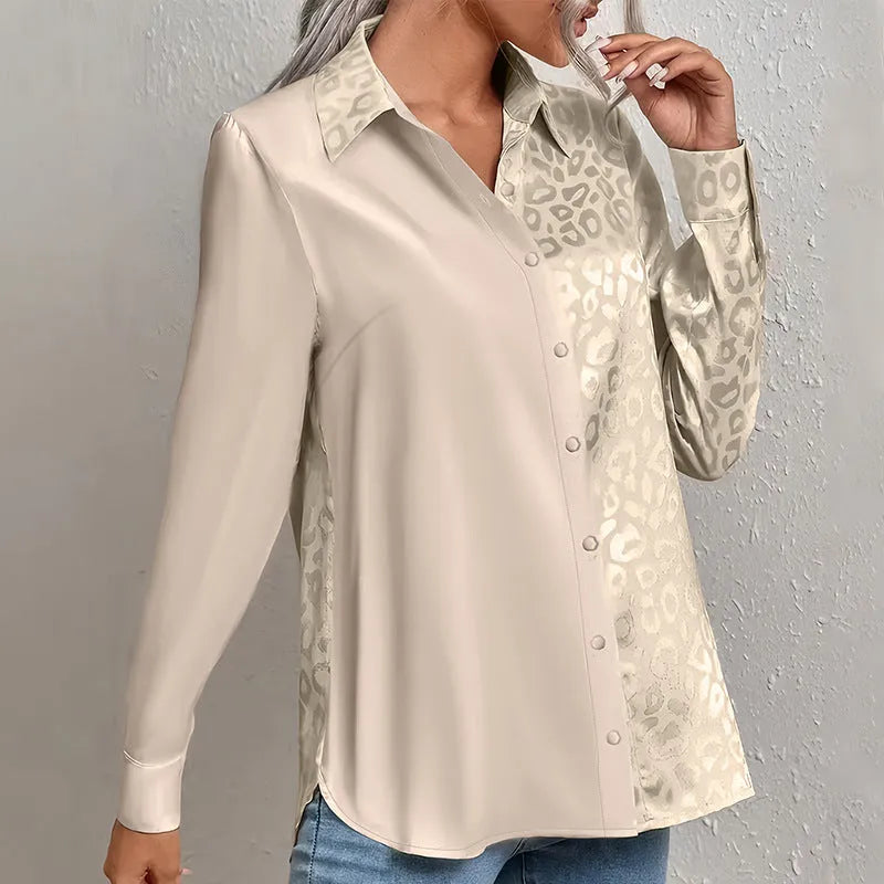 Women's leopard print long-sleeved double shirt in champagne, polyester fabric, sizes S to XL