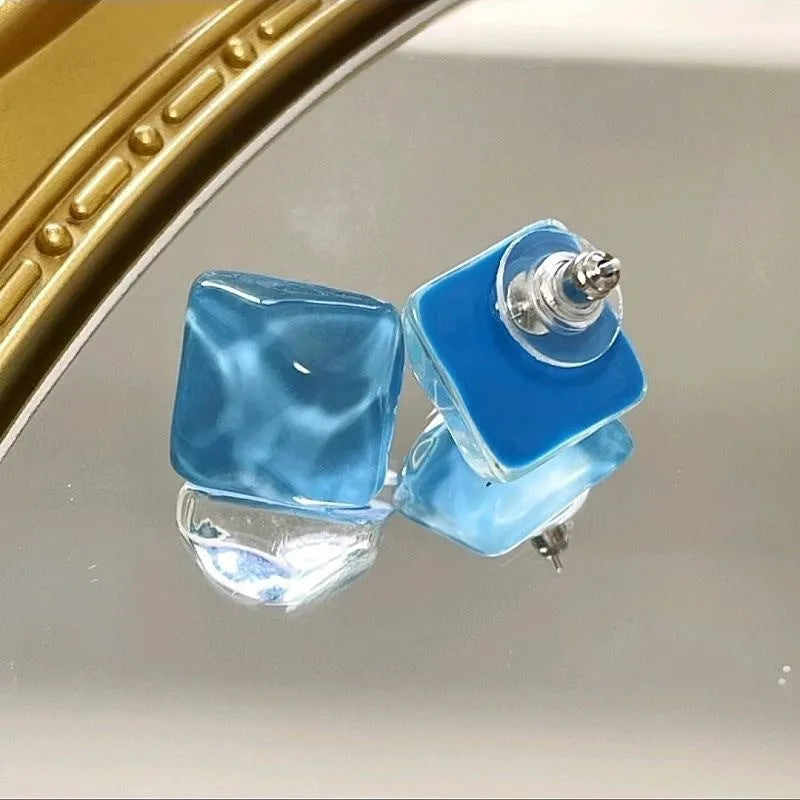 Geometric square water ripple blue earrings in ice blue alloy, unisex Korean style