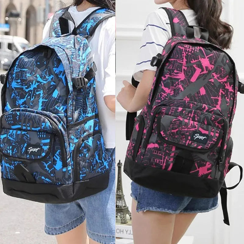 Blue and red classic nylon backpack with large main compartment for school and travel.
