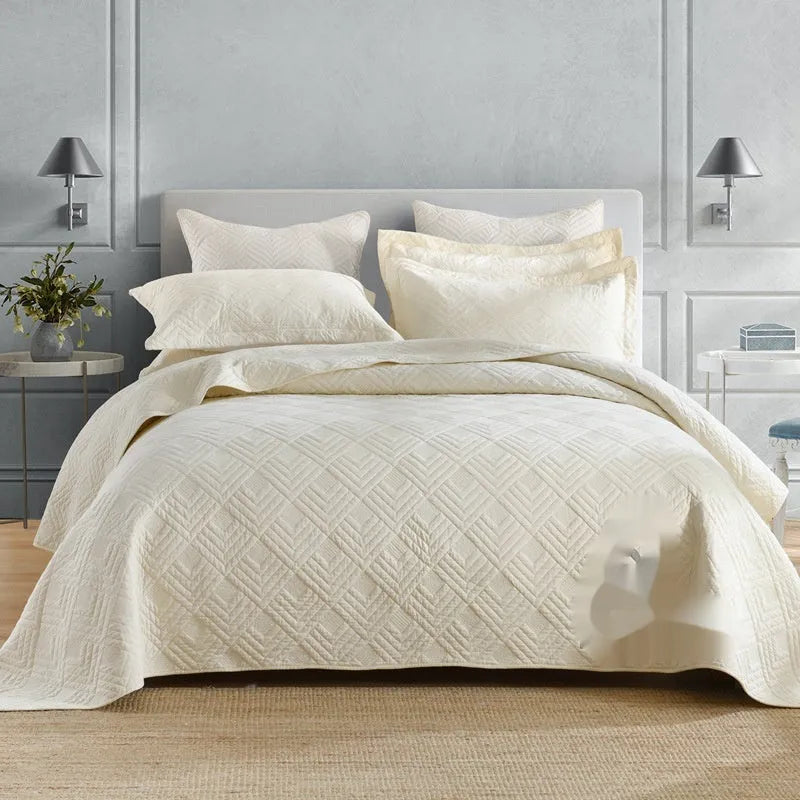 Pure cotton bed cover three-piece set showing bedspread-style design with solid colour pattern