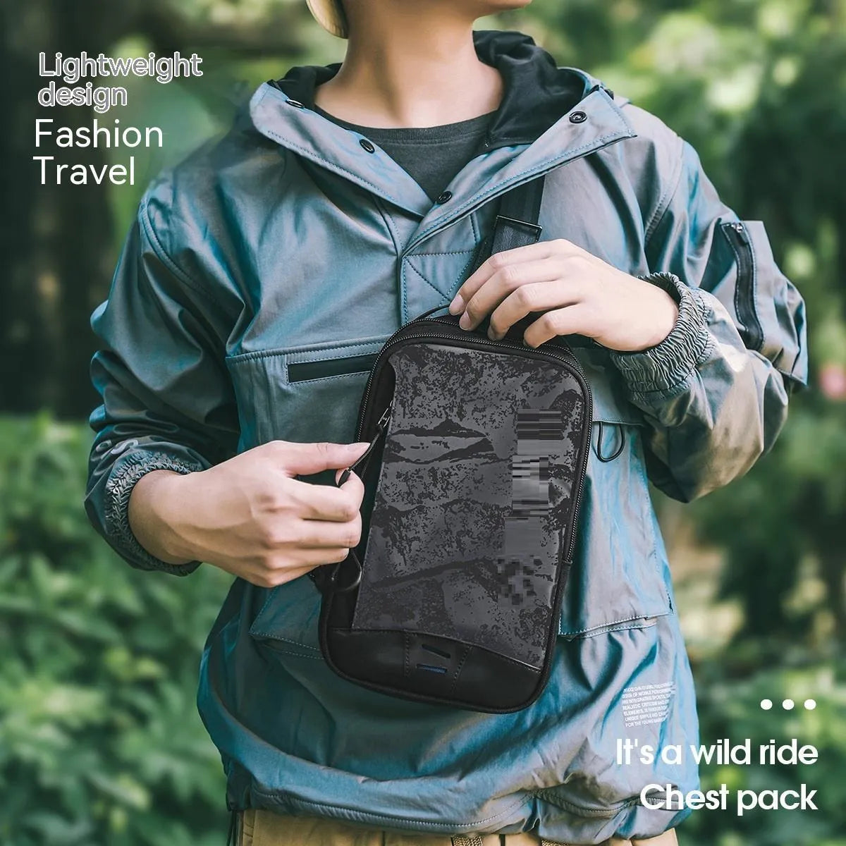 Casual black camouflage chest bag with adjustable strap, shown open to reveal internal phone pocket.