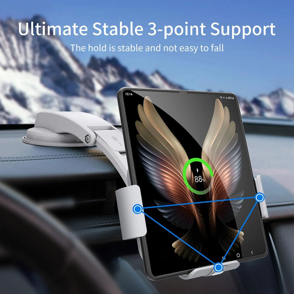 Grey and white wireless charging mobile phone holder for car with folding screen, air conditioner clip, and suction cup bracket.