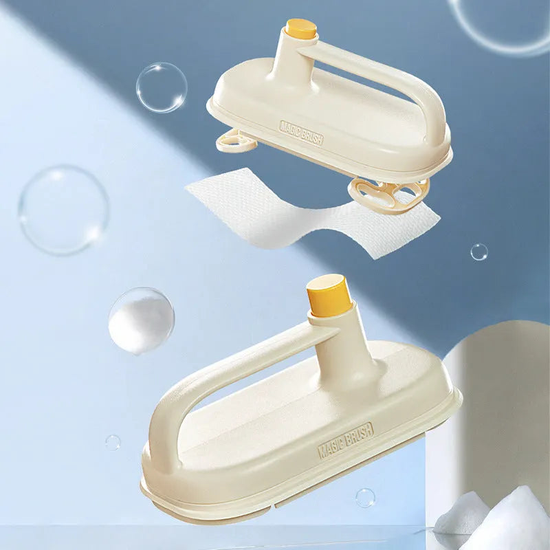 Magic Brush cleaning tool with disposable white rag heads for bathroom tile and glass cleaning.