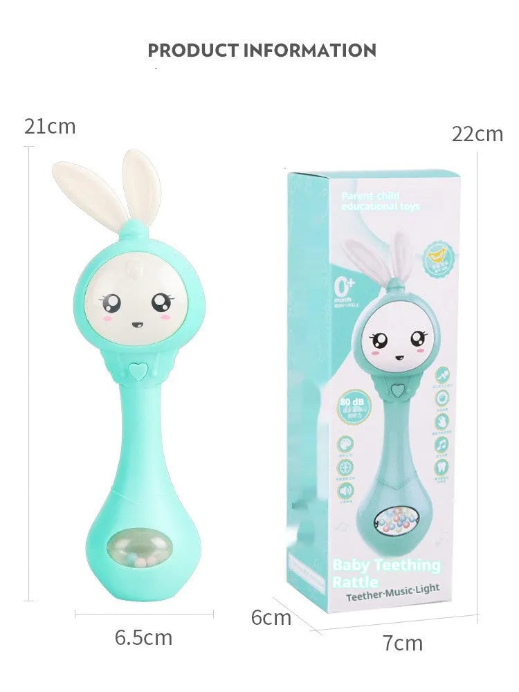Baby educational teething toy musical stick in light blue, mint green, orange, or pink colours