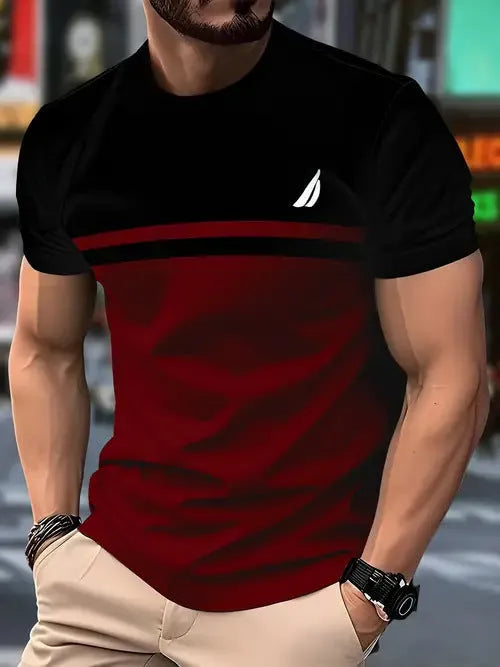 Man wearing a loose fit grey short sleeve polyester T-shirt on a casual summer day.
