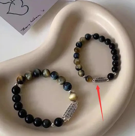 Tigereye Obsidian S925 sterling silver Six Words Mantra couple bracelet with geometric Chinese-style design