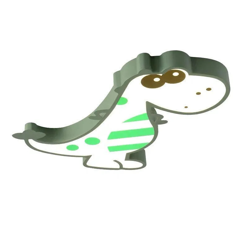 Green cartoon dinosaur ceiling light with aluminium body and PVC shade showing dimming feature